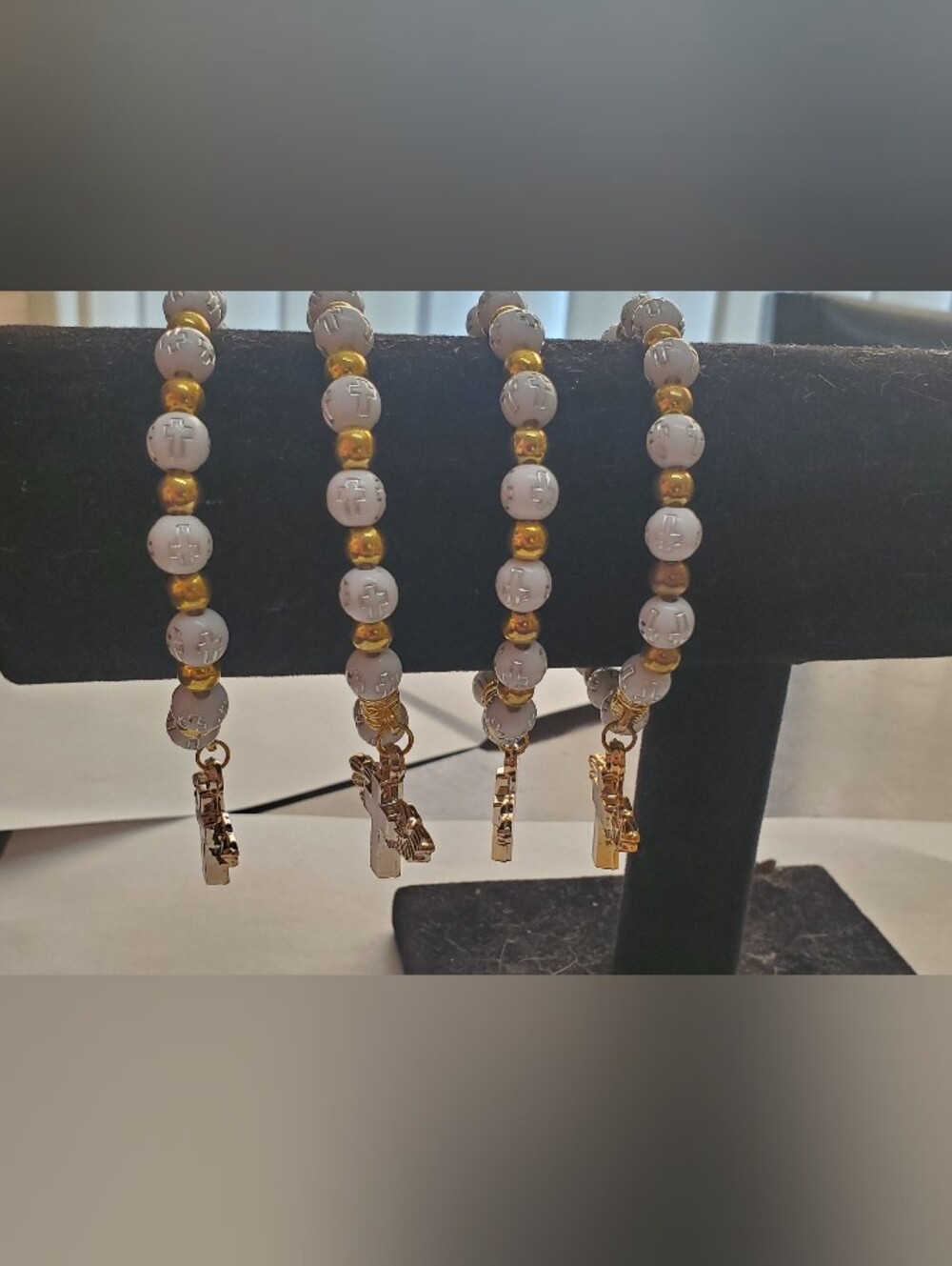 Gold and White Cross Bead Bracelet with Charm Set Of 4